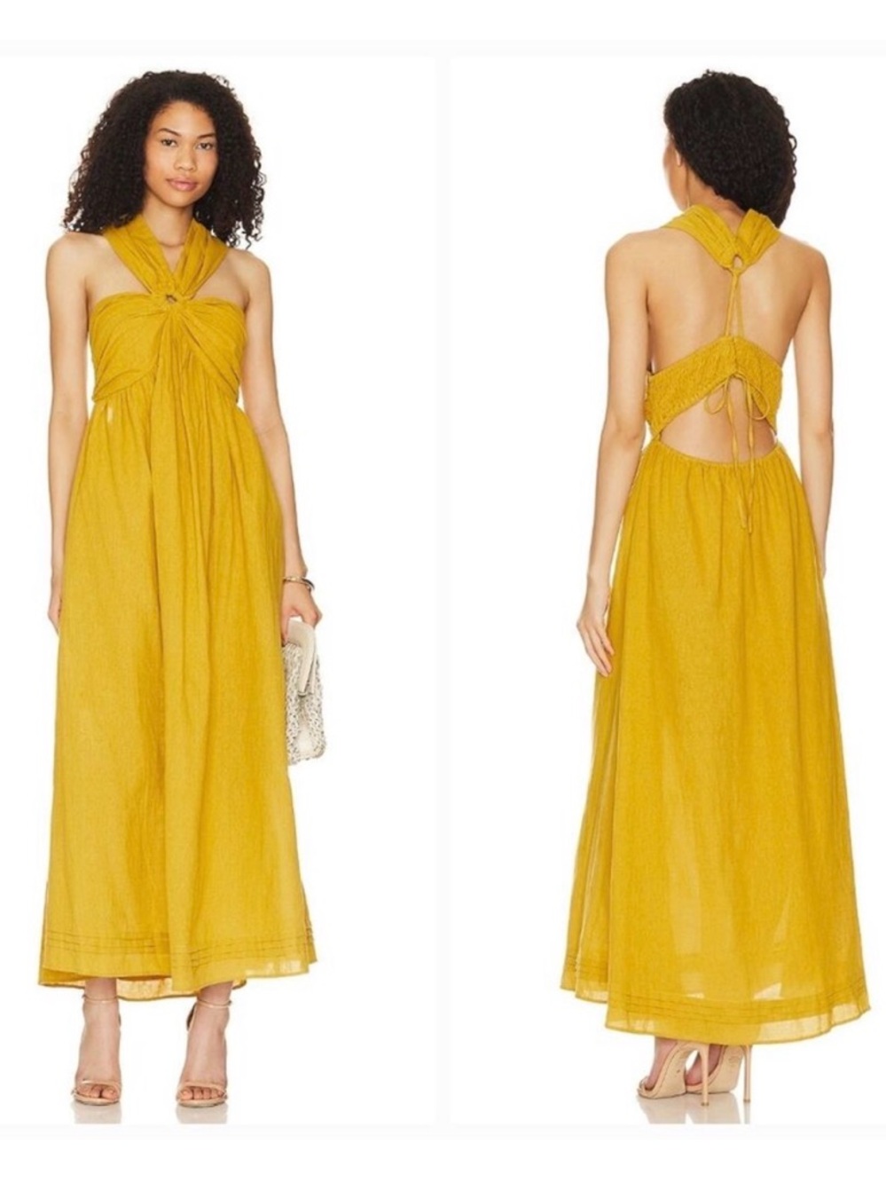 Cleobella Mustard Yellow Backless Halter Maxi Dress